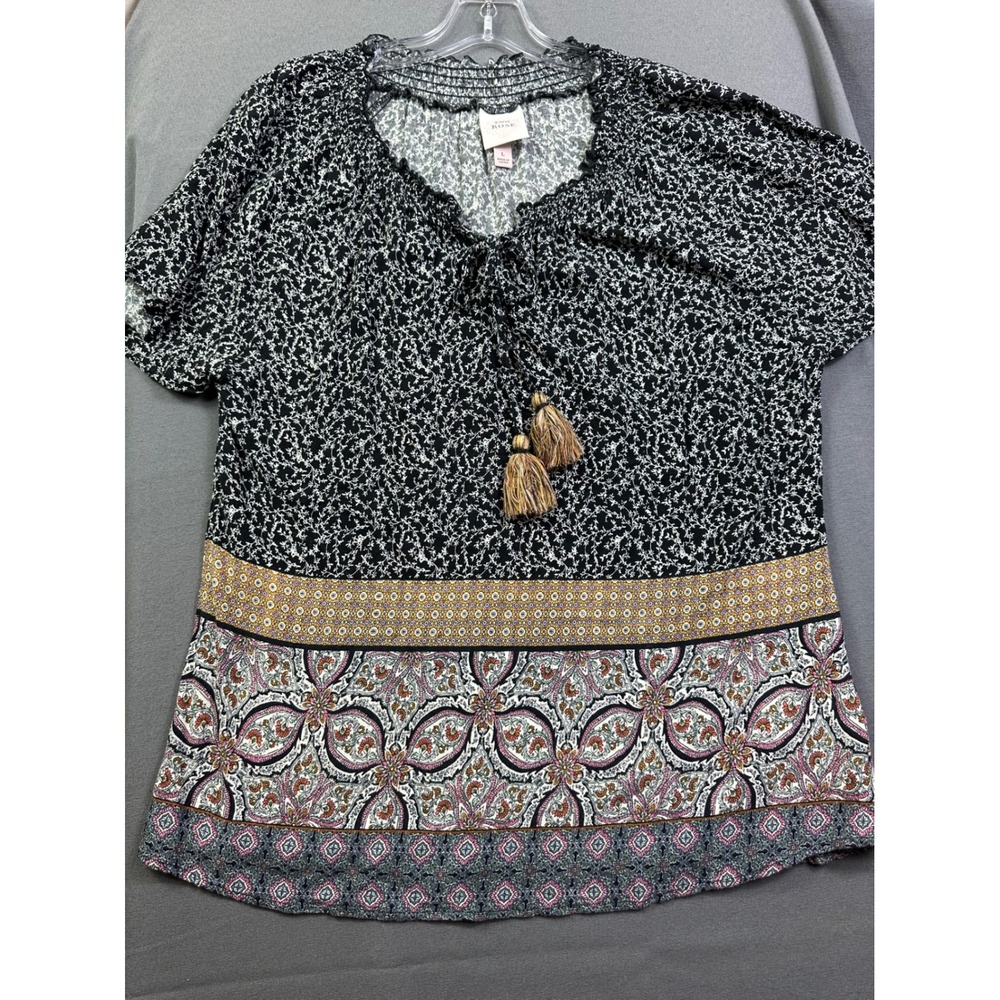 Knox Rose Women's Black Floral Mixed Print Boho Peasant Top Tassel Tie Large L